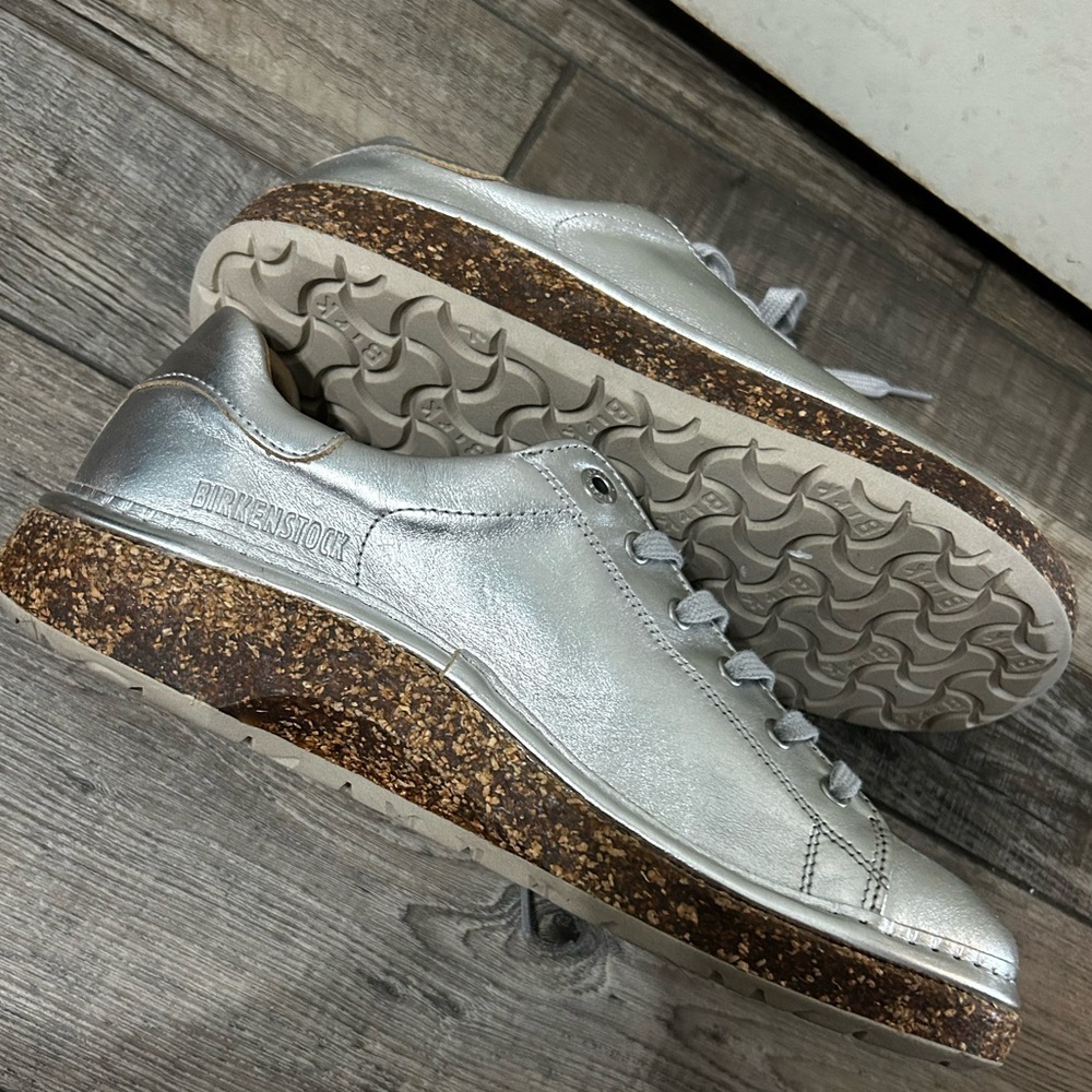 Birkenstock Lace Up Metallic Silver Sam Diego cork Sneakers - Picture 2 of 9